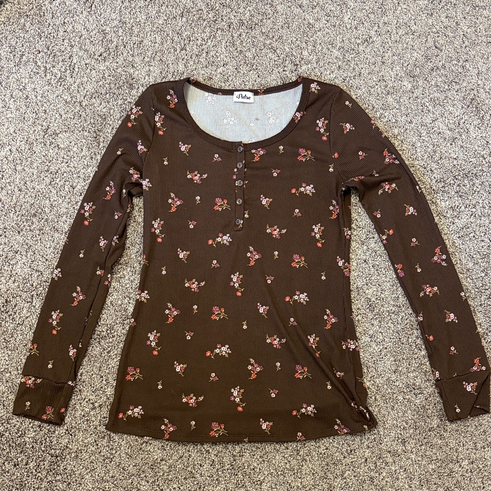 Pulse Brown Floral Ribbed Henley